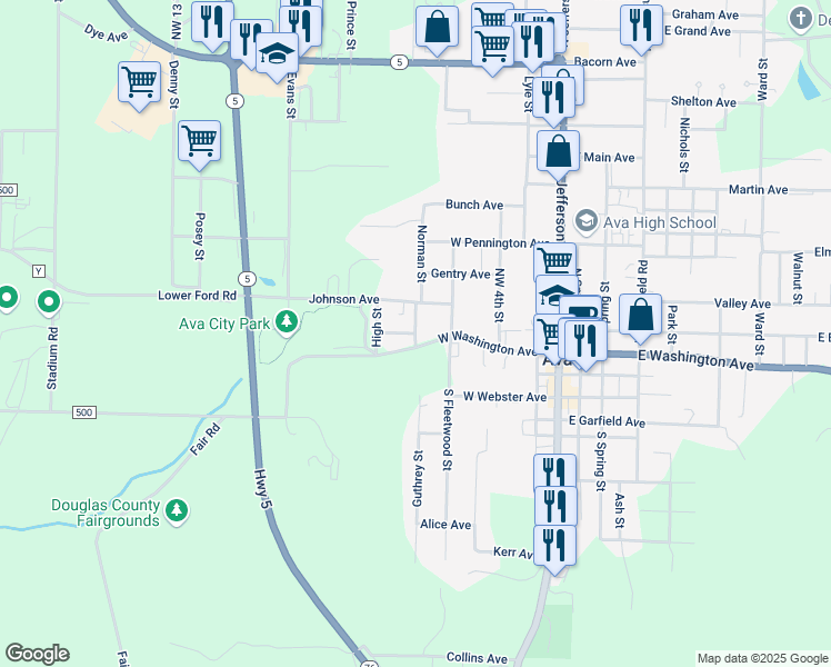 map of restaurants, bars, coffee shops, grocery stores, and more near 300 Solomon Street in Ava
