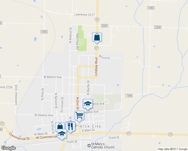 map of restaurants, bars, coffee shops, grocery stores, and more near 305 E Morris Ave in Pierce City
