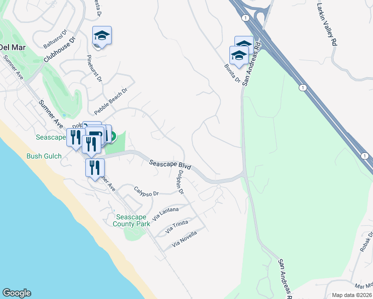 map of restaurants, bars, coffee shops, grocery stores, and more near 1965 Dolphin Drive in Aptos