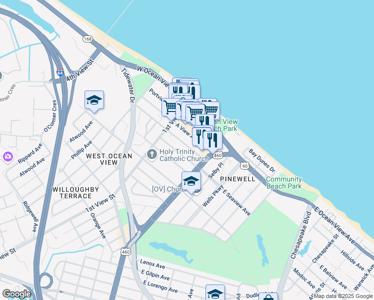 map of restaurants, bars, coffee shops, grocery stores, and more near 130 West Seaview Avenue in Norfolk