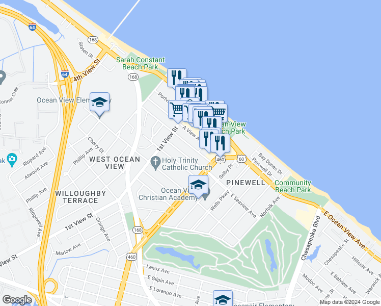 map of restaurants, bars, coffee shops, grocery stores, and more near 130 West Seaview Avenue in Norfolk