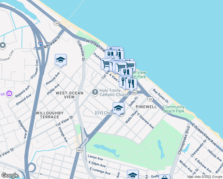 map of restaurants, bars, coffee shops, grocery stores, and more near 142 West Seaview Avenue in Norfolk