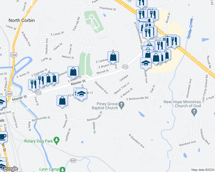 map of restaurants, bars, coffee shops, grocery stores, and more near 47 Elaine Court in Corbin