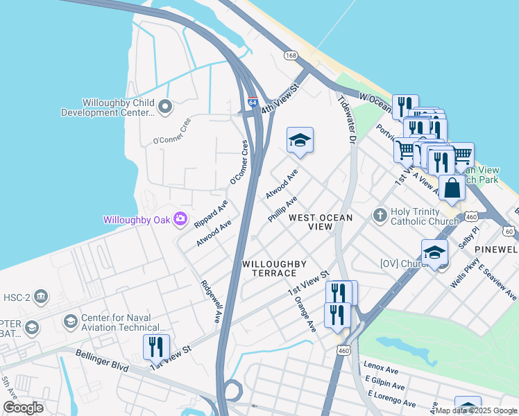 map of restaurants, bars, coffee shops, grocery stores, and more near 9324 Atwood Avenue in Norfolk