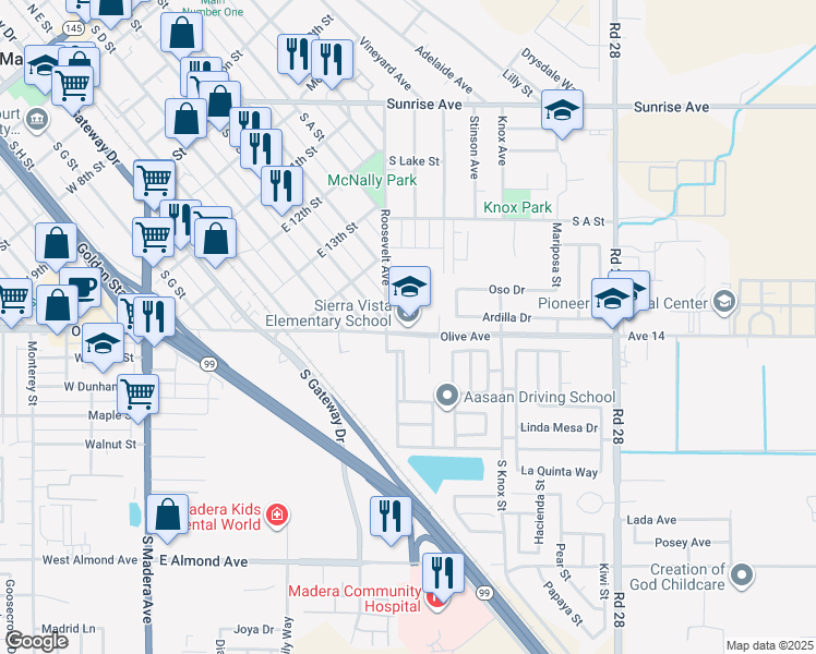 map of restaurants, bars, coffee shops, grocery stores, and more near 923 Varbella Park in Madera