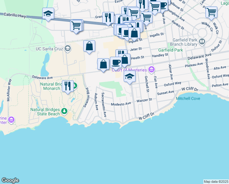 map of restaurants, bars, coffee shops, grocery stores, and more near 2 San Jose Avenue in Santa Cruz