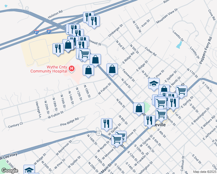map of restaurants, bars, coffee shops, grocery stores, and more near 755 North 6th Street in Wytheville