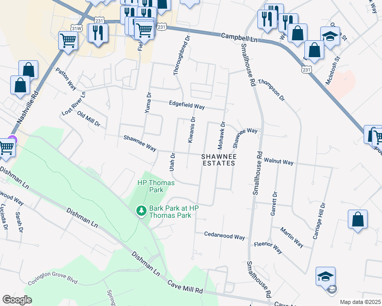 map of restaurants, bars, coffee shops, grocery stores, and more near 1001 Shawnee Way in Bowling Green
