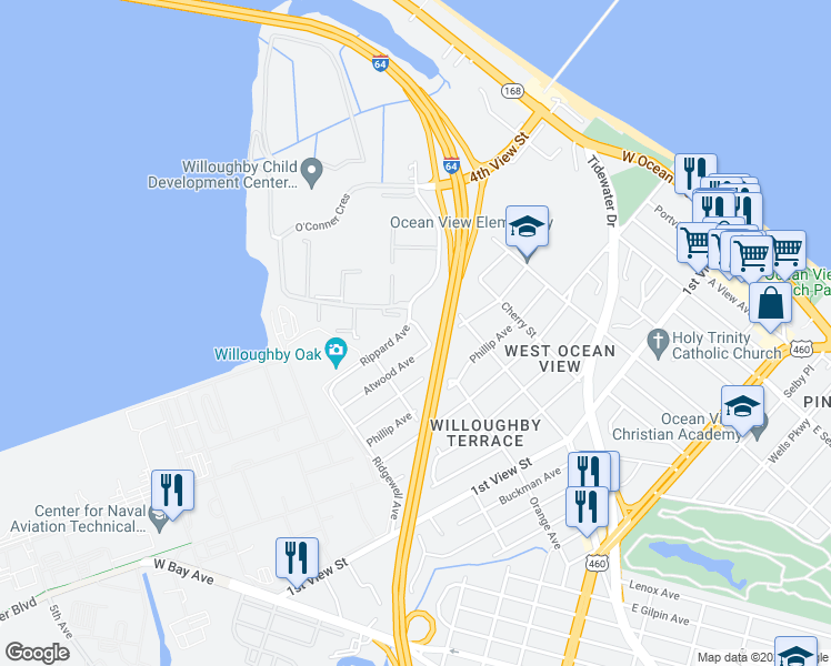 map of restaurants, bars, coffee shops, grocery stores, and more near 373 Orange Avenue in Norfolk