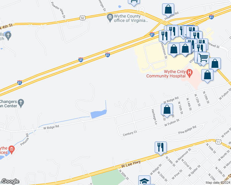 map of restaurants, bars, coffee shops, grocery stores, and more near 1340 West Ridge Road in Wytheville