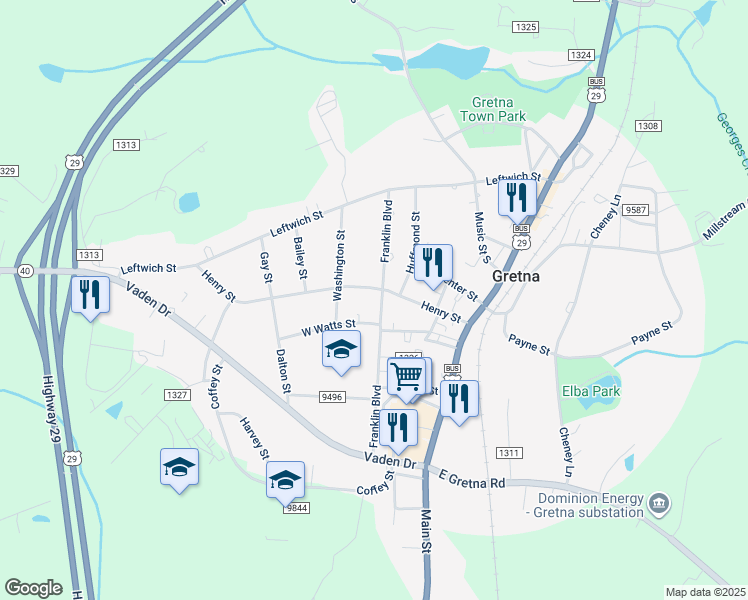 map of restaurants, bars, coffee shops, grocery stores, and more near 401 Henry Street in Gretna