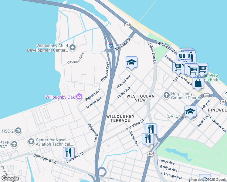 map of restaurants, bars, coffee shops, grocery stores, and more near 9324 Atwood Avenue in Norfolk