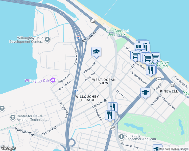 map of restaurants, bars, coffee shops, grocery stores, and more near 9427 Mason Creek Road in Norfolk