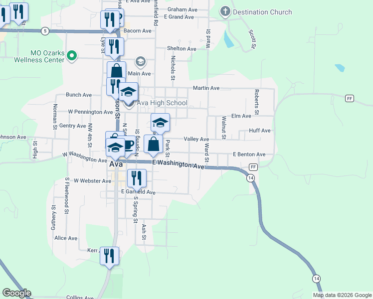 map of restaurants, bars, coffee shops, grocery stores, and more near 707 Northeast 2nd Avenue in Ava
