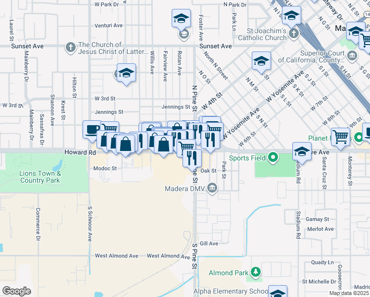 map of restaurants, bars, coffee shops, grocery stores, and more near 1420 Howard Road in Madera