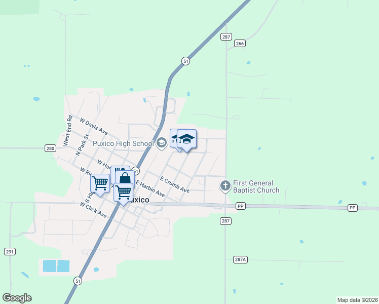 map of restaurants, bars, coffee shops, grocery stores, and more near 393 East Reed Avenue in Puxico
