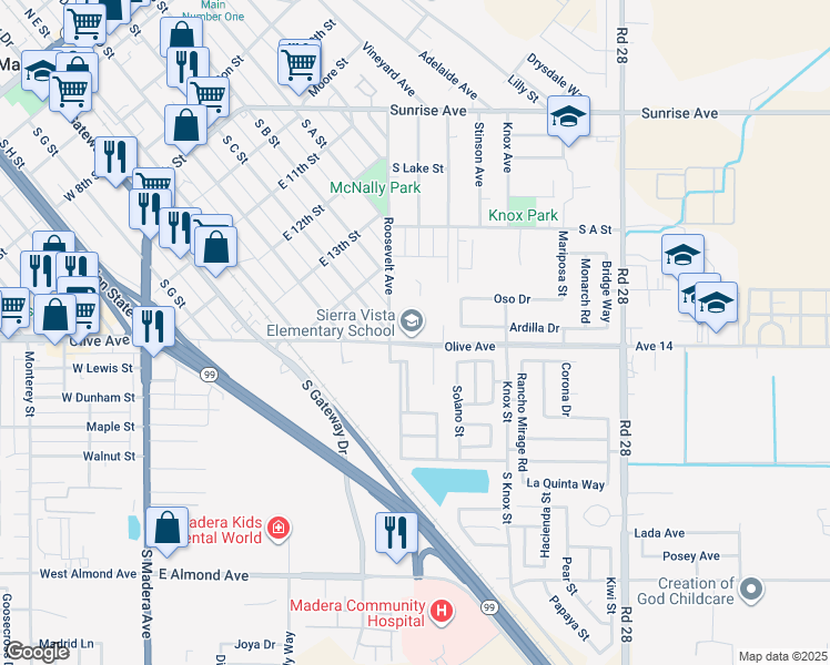 map of restaurants, bars, coffee shops, grocery stores, and more near 917 East Olive Avenue in Madera