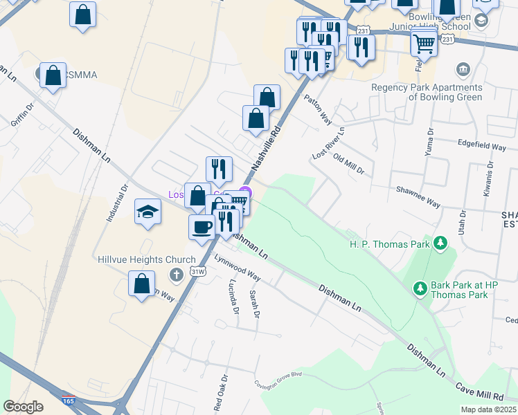 map of restaurants, bars, coffee shops, grocery stores, and more near 2818 Nashville Road in Bowling Green