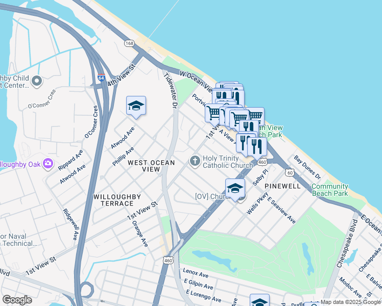 map of restaurants, bars, coffee shops, grocery stores, and more near 9523 1st View Street in Norfolk