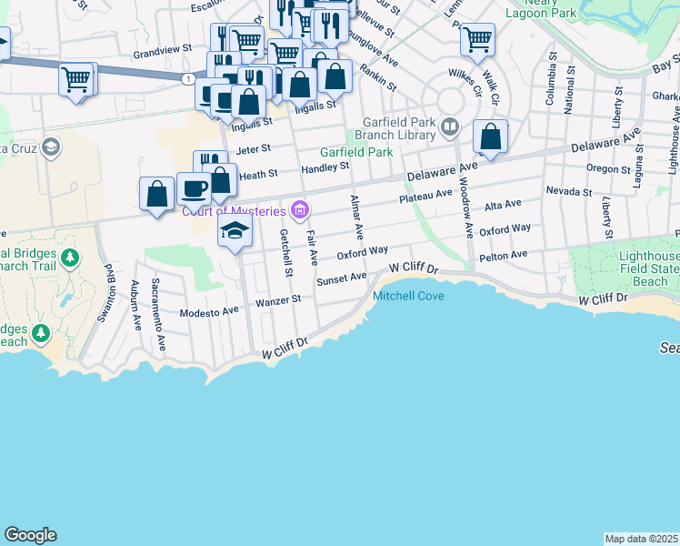 map of restaurants, bars, coffee shops, grocery stores, and more near 224 Sunset Avenue in Santa Cruz