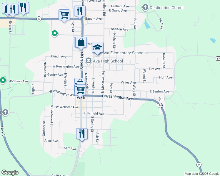 map of restaurants, bars, coffee shops, grocery stores, and more near 501-599 Northeast 2nd Avenue in Ava