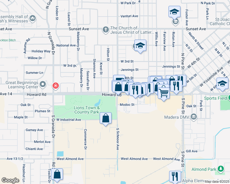 map of restaurants, bars, coffee shops, grocery stores, and more near 2013 Howard Road in Madera