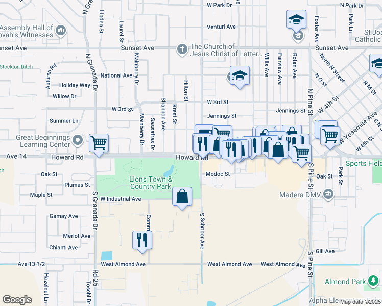 map of restaurants, bars, coffee shops, grocery stores, and more near 2013 Howard Road in Madera