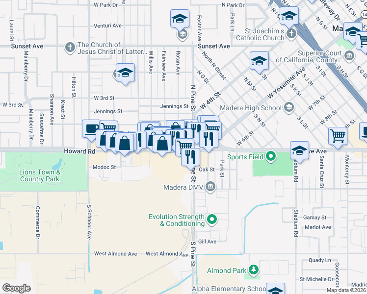 map of restaurants, bars, coffee shops, grocery stores, and more near 1409 Howard Road in Madera
