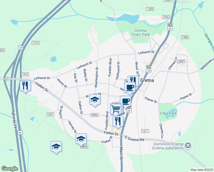 map of restaurants, bars, coffee shops, grocery stores, and more near 401 Henry Street in Gretna