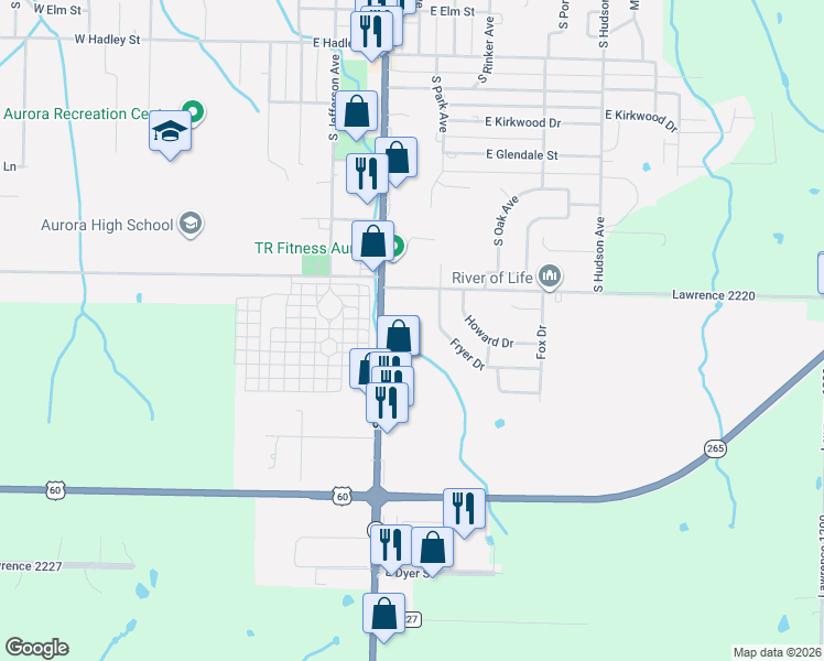map of restaurants, bars, coffee shops, grocery stores, and more near Fryer Drive in Aurora