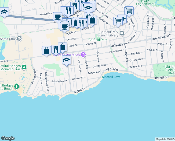 map of restaurants, bars, coffee shops, grocery stores, and more near 253 Sunset Avenue in Santa Cruz