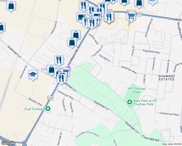 map of restaurants, bars, coffee shops, grocery stores, and more near Cave Mill Road in Bowling Green