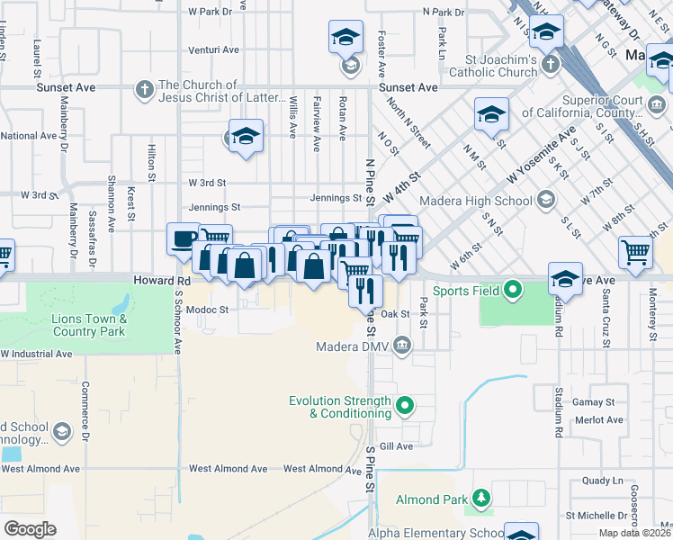 map of restaurants, bars, coffee shops, grocery stores, and more near 1420 Howard Road in Madera