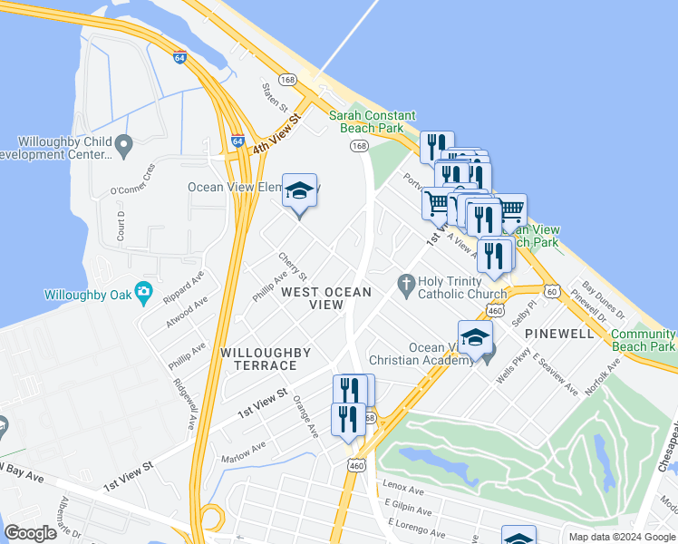 map of restaurants, bars, coffee shops, grocery stores, and more near 9473 Hickory Street in Norfolk