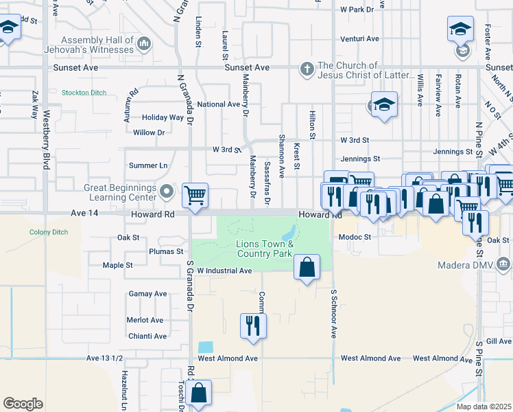 map of restaurants, bars, coffee shops, grocery stores, and more near 101 Mainberry Drive in Madera