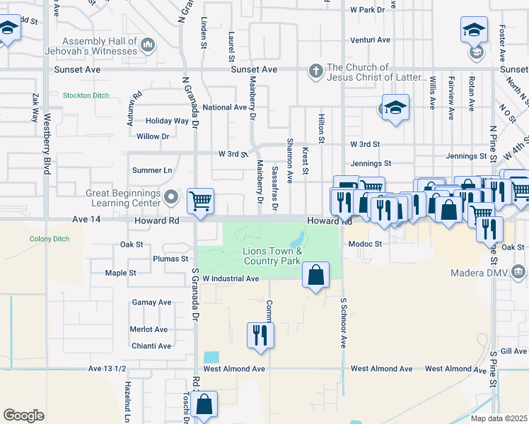 map of restaurants, bars, coffee shops, grocery stores, and more near 101 Mainberry Drive in Madera