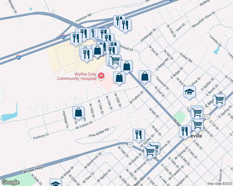 map of restaurants, bars, coffee shops, grocery stores, and more near North 10th Street in Wytheville