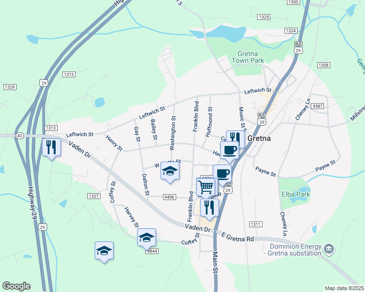 map of restaurants, bars, coffee shops, grocery stores, and more near 405 Henry Street in Gretna