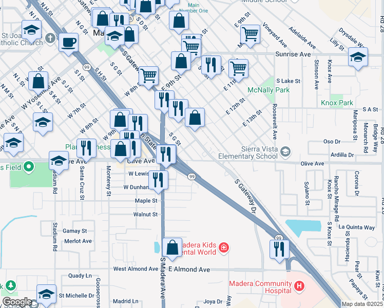 map of restaurants, bars, coffee shops, grocery stores, and more near 88 East Olive Avenue in Madera