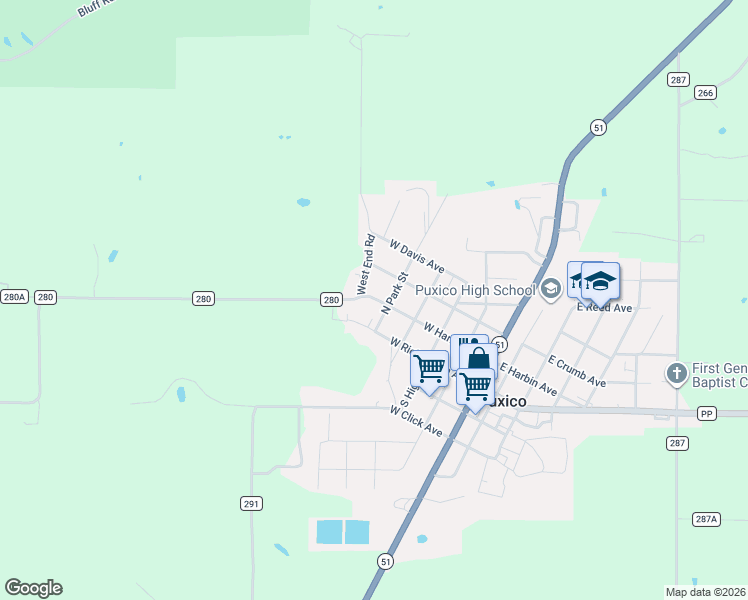 map of restaurants, bars, coffee shops, grocery stores, and more near 283 North Park Street in Puxico