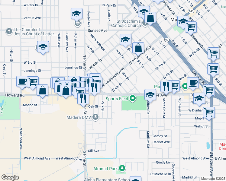 map of restaurants, bars, coffee shops, grocery stores, and more near 1098 West 6th Street in Madera