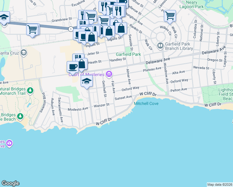 map of restaurants, bars, coffee shops, grocery stores, and more near 447 Alta Avenue in Santa Cruz