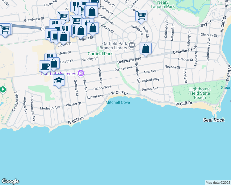 map of restaurants, bars, coffee shops, grocery stores, and more near West Cliff Drive in Santa Cruz