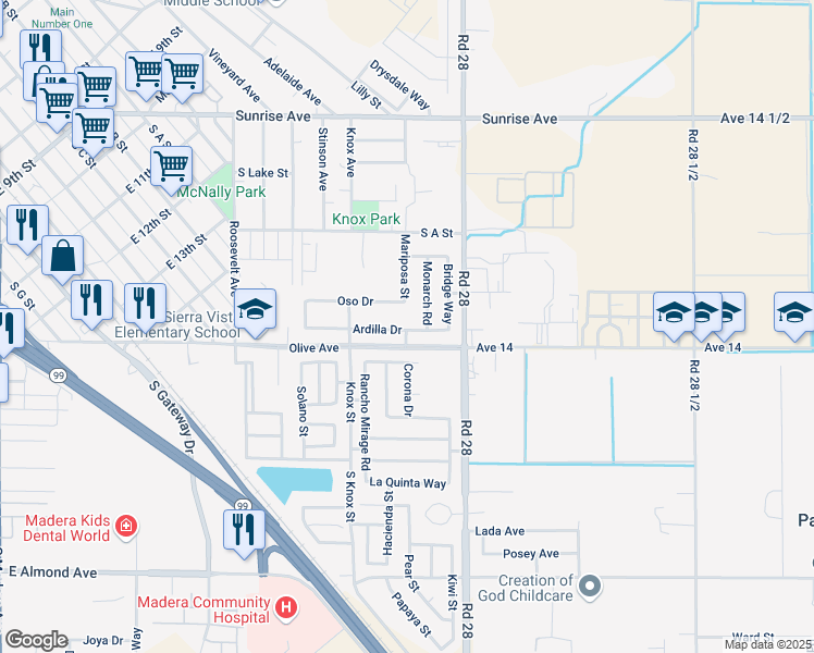 map of restaurants, bars, coffee shops, grocery stores, and more near 1381 Oso Drive in Madera