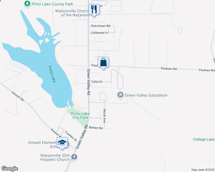 map of restaurants, bars, coffee shops, grocery stores, and more near 145 Celia Drive in Watsonville