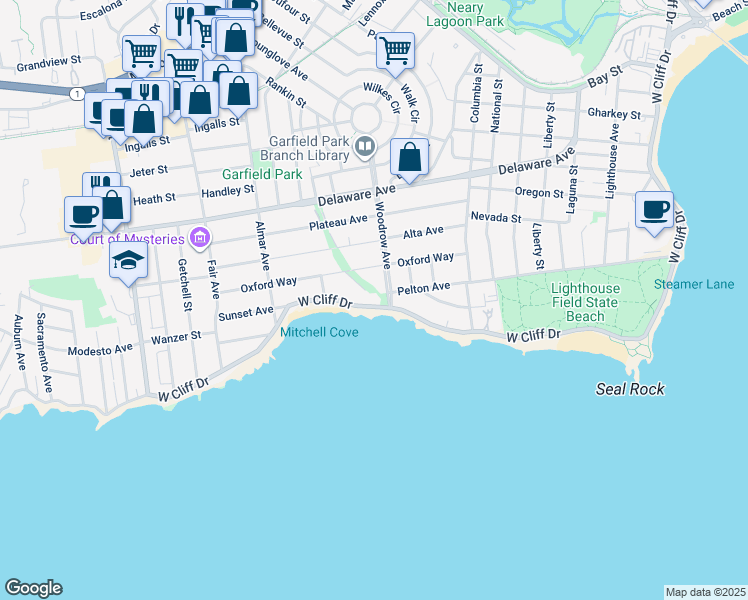 map of restaurants, bars, coffee shops, grocery stores, and more near 223 Oxford Way in Santa Cruz