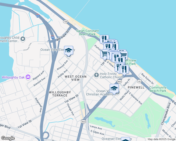 map of restaurants, bars, coffee shops, grocery stores, and more near 251 D View Avenue in Norfolk
