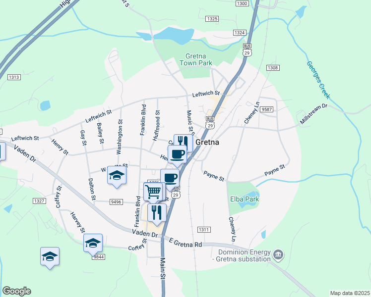 map of restaurants, bars, coffee shops, grocery stores, and more near 106 Center Street in Gretna