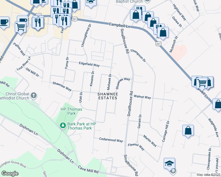 map of restaurants, bars, coffee shops, grocery stores, and more near 2624 Mohawk Drive in Bowling Green