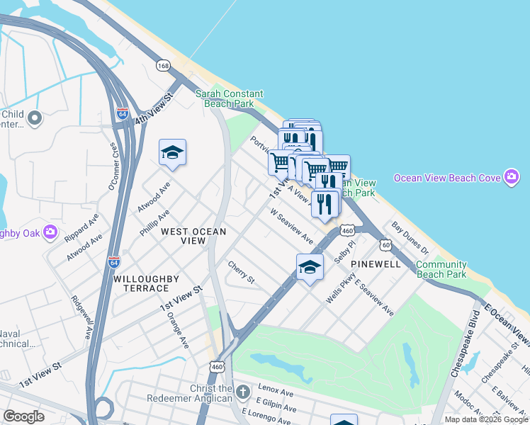 map of restaurants, bars, coffee shops, grocery stores, and more near 185 West Balview Avenue in Norfolk
